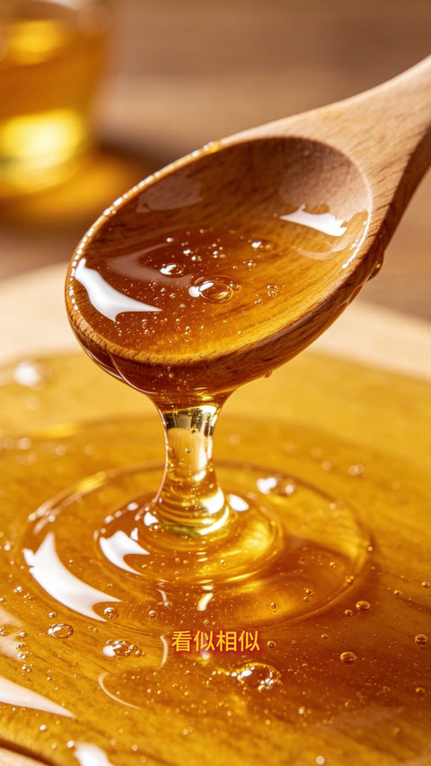 Slab sugar syrup pouring into a cold drink, beside honey crystallised in a jar